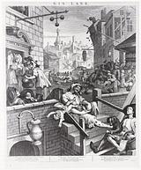 William Hogarth: "Gin Lane", 1751, radering og kobberstik, 38,9 x 32,2 cm. Public domain.