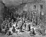 Gustave Doré: "Dudley Street, Seven Dials, London," ætsning, 1872.(Frigivet under licensen Creative Commons Attribution 4.0 International: https://commons.wikimedia.org/wiki/File:Dudley_St.,_Seven_Dials_Wellcome_L0000881.jpg)